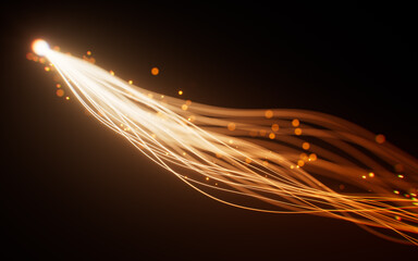 Glowing golden neon curve lines background, 3d rendering.