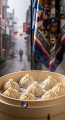 Delicate Steaming Chicken Xiaolongbao (Pork-Free Soup Dumplings) in Bamboo Steamer with Negative Space and Misty Shanghai Background