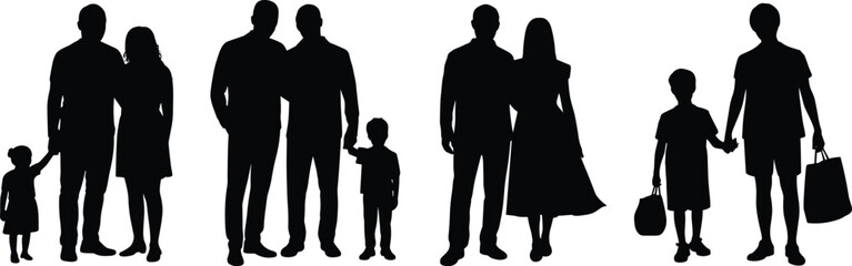 Silhouettes of Six Groups Featuring Adults and Children Depicting Family Diversity, Social Interaction, and Everyday Relationships