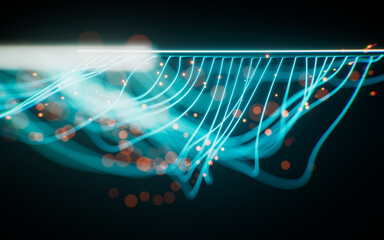 Glowing wave neon lines background, 3d rendering.