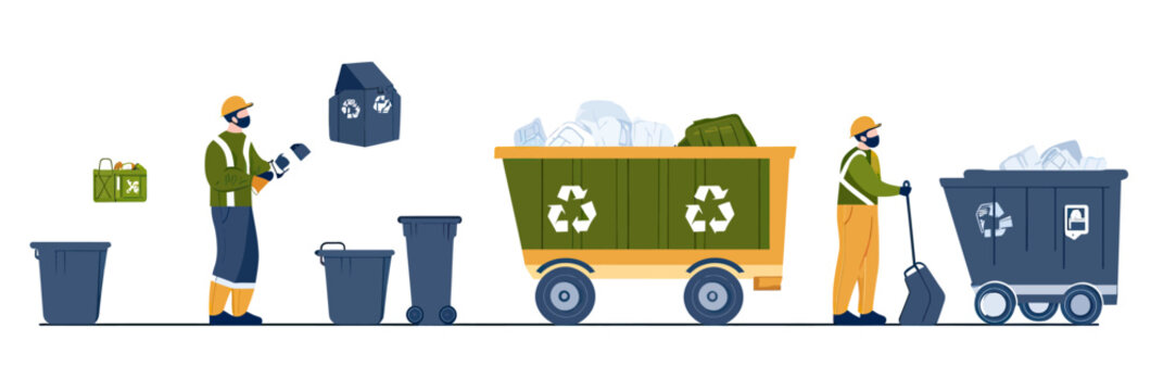 Waste collector worker disposing recyclable trash into separate bins and carts with recycling symbols in flat minimalist vector style illustration