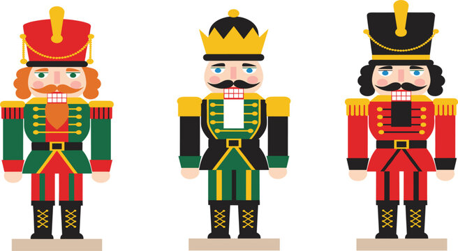 Three traditional Christmas nutcracker characters vector set, festive toy soldiers in uniform, holiday decoration graphic