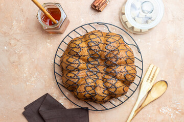 Vanilla cake with chocolate. Baked. Recipe. Vegetarian food.