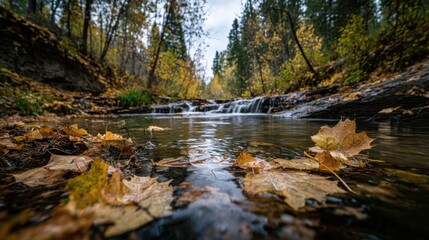 Orange leaves drifting downstream in a small creek, reflecting fall colors
