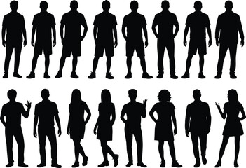 Silhouettes of Sixteen Individuals in Mixed Gender and Attire Depicting Standing Poses, Gestures, and Human Posture Diversity