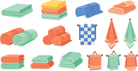 Set of folded and hanging towels for bathroom and spa concepts featuring various textile textures in soft pastel colors isolated on white background vector illustration.