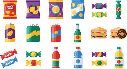  Flat icon set of snacks and drinks featuring potato chips candy bars soda cans bottled water and sandwiches for vending machine and junk food concepts isolated vector
