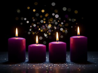 Four radiant purple candles illuminate the tranquil darkness, creating a serene and festive ambiance perfect for winter holidays and reflective moments of peace and hope