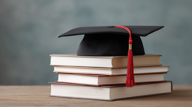 Graduation cap resting on a pile of books, symbolizing education, academic success, and the culmination of scholarly endeavors in university and college programs