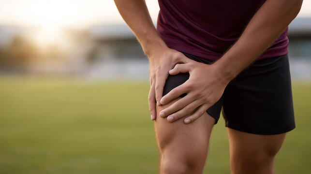 Male athlete experiencing acute thigh pain and muscle cramp during outdoor workout, holding hamstring due to sports injury, copy space