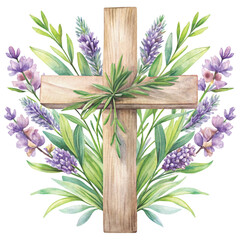 watercolor illustration of a wooden cross decorated with Flower vector