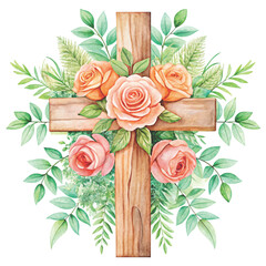 watercolor illustration of a wooden cross decorated with Flower vector