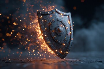 Shield symbolizes protection with glowing sparks illustrating antivirus and firewall concepts in a dark, stylized environment