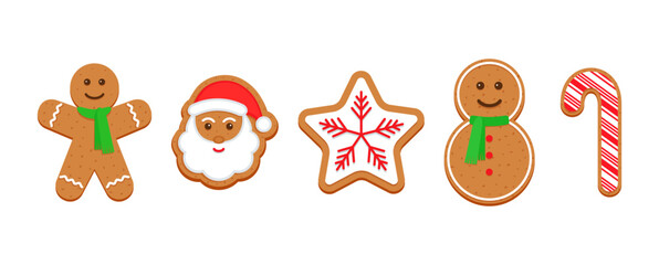 Christmas gingerbread snowman, Santa Claus, star, candy cane cookie. Noel holiday sweet dessert. Cute ginger bread character in Xmas design. Classic cookies isolated on white background. Vector illust