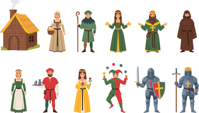  Medieval kingdom character set featuring king queen knight jester monk and peasants in flat cartoon style for historical education fantasy games and storytelling projects isolated vector..
