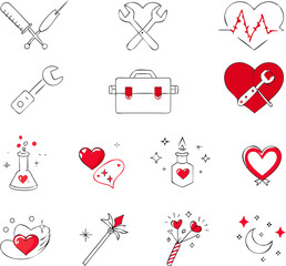 Heartfelt medical and mechanical symbols in red and gray