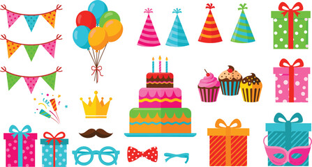  Colorful birthday party celebration icon set with cake gifts balloons bunting flags cupcakes and party hats in flat style for anniversary events and greeting cards.