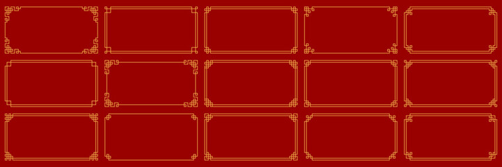 Chinese border set, gold Asian frame red New Year background