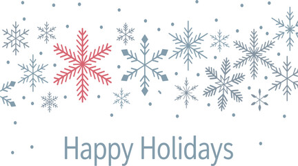 Happy Holidays horizontal banner with decorative snowflakes, winter celebration greeting card, festive blue and red graphic