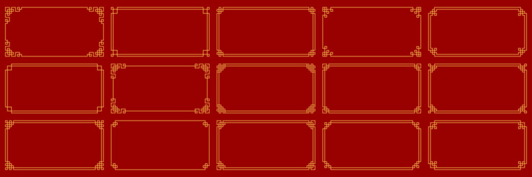 Chinese border set, gold Asian frame red New Year background