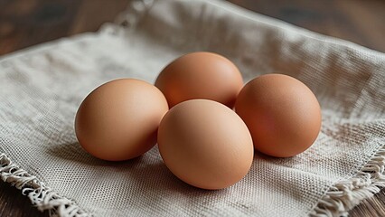 Four Fresh Brown Eggs on a Rustic Linen Cloth