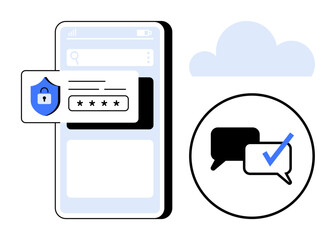 Smartphone displaying password entry with shield, speech bubbles showing message verification tick. Ideal for cybersecurity, communication, login, application, data privacy, verification, secure