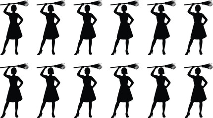 Silhouettes of Twelve Identical Women Holding Brooms Over Shoulder in Uniform Pose for Symbolic or Pattern Design Use