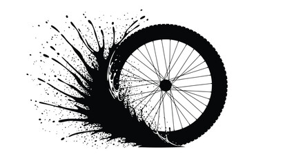 Dynamic bicycle wheel design with ink splatter effect creating a bold graphic
