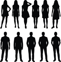 Silhouettes of Twelve Men and Women in Various Poses Wearing Business and Casual Attire for Professional and Lifestyle Design