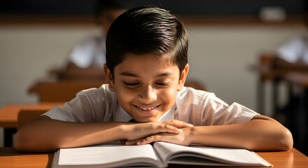 Happy Indian schoolboy smiles reading book at classroom desk student education learning child school study knowledge uniform india asian focused bright