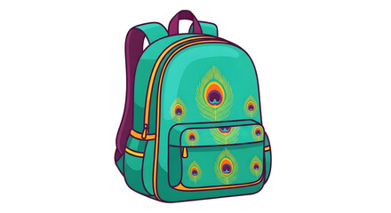 Vibrant cartoon backpack with beautiful peacock feather pattern vector School Travel Fashion Cute Accessory Teal Peacock