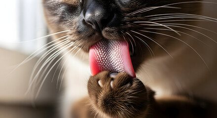 Close up macro shot of a cat licking its paw cat lick paw tongue grooming animal pet fur whiskers