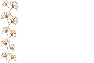 A delicate vertical border of minimalist, line-drawn daisy-like flowers in brown on a clean white background, perfect for elegant and modern designs.