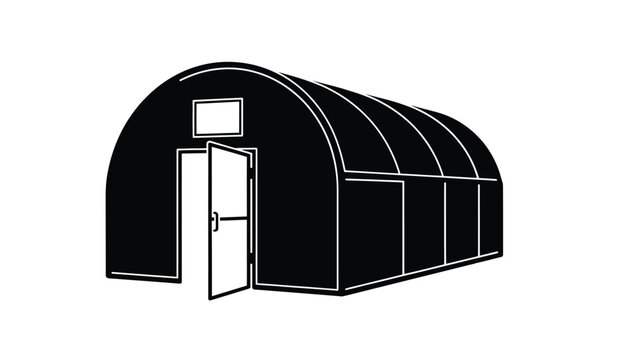 Simple black and white illustration of a quonset hut with an open door