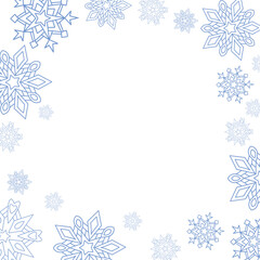 Blue outline snowflakes and sparkles forming a soft border on white background. Winter or Christmas frame template for text or photos