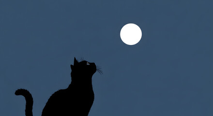 Black cat silhouette looking up at full moon illustration Night Sky Pet Animal Lunar Mysterious