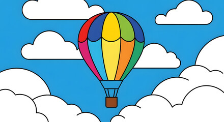 Simple flat design hot air balloon in a clear blue sky illustration vector journey travel freedom kids
