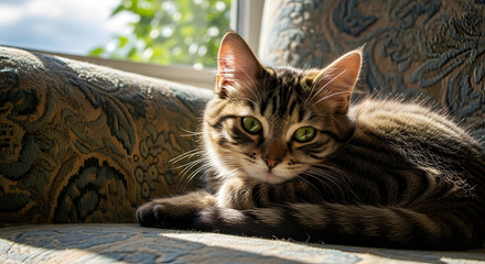 Adorable tabby kitten with striking green eyes resting indoors cat pet domestic feline comfy sunlight gaze