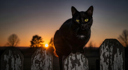 Black cat perched on rustic fence against vibrant sunset golden hour glowing sky animal pet feline domestic mysterious nature outdoors