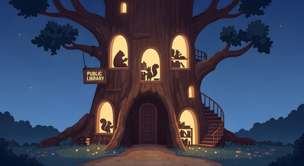 Magical tree house public library lit up at night Animals Reading Books Education Whimsical Fantasy Cozy Literature