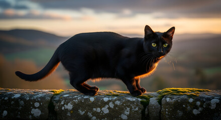 Black cat standing on stone wall bathed in golden hour feline animal pet mysterious backlit outdoor nature