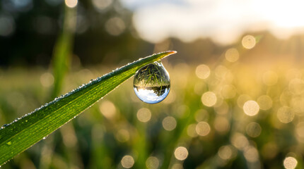 A close-up shot of a single dewdrop on a blade of grass reflecting the morning field and sunlight