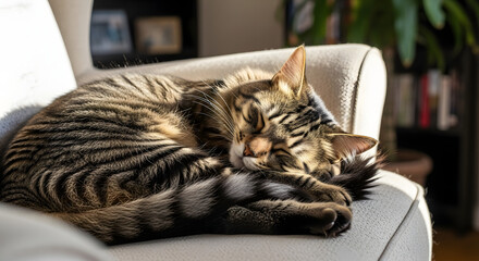 Cute tabby cat curled up sleeping peacefully on cozy armchair pet animal relax comfort feline domestic happy indoor nap