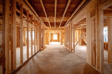Interior construction project showing framing work in a home remodel with open layout and exposed wood structure in a residential area