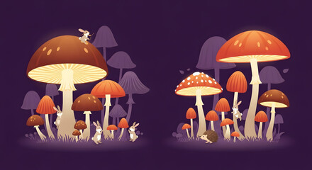 Enchanted forest illustration with glowing mushrooms and cute woodland animals Fantasy whimsical nature magical rabbits hedgehogs