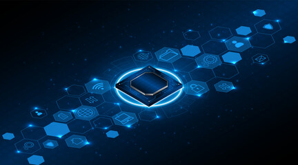 Microchip processor circuit board technology on dark blue background. Information Processing Concept. Circuit board hi-tech technology background. vector illustration