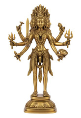 Intricate golden brass statue of multi-armed Goddess Durga standing with weapons, representing feminine power and victory over evil.