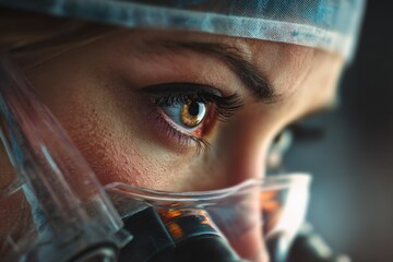 Close-up of a focused professional wearing a protective mask and headgear during a critical task in a clean and organized environment