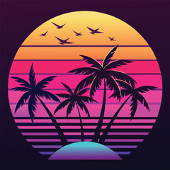 Retro sunset with multiple palm trees on a small island and flying birds beach