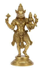 Golden brass statue of Lord Varaha, the boar avatar of Vishnu, carrying Goddess Bhudevi, representing the rescue of the earth.